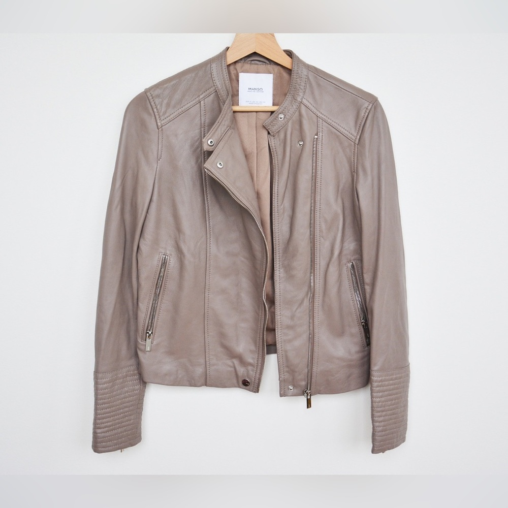Mango Grey Taupe Moto Biker Zip Leather Jacket Size XS